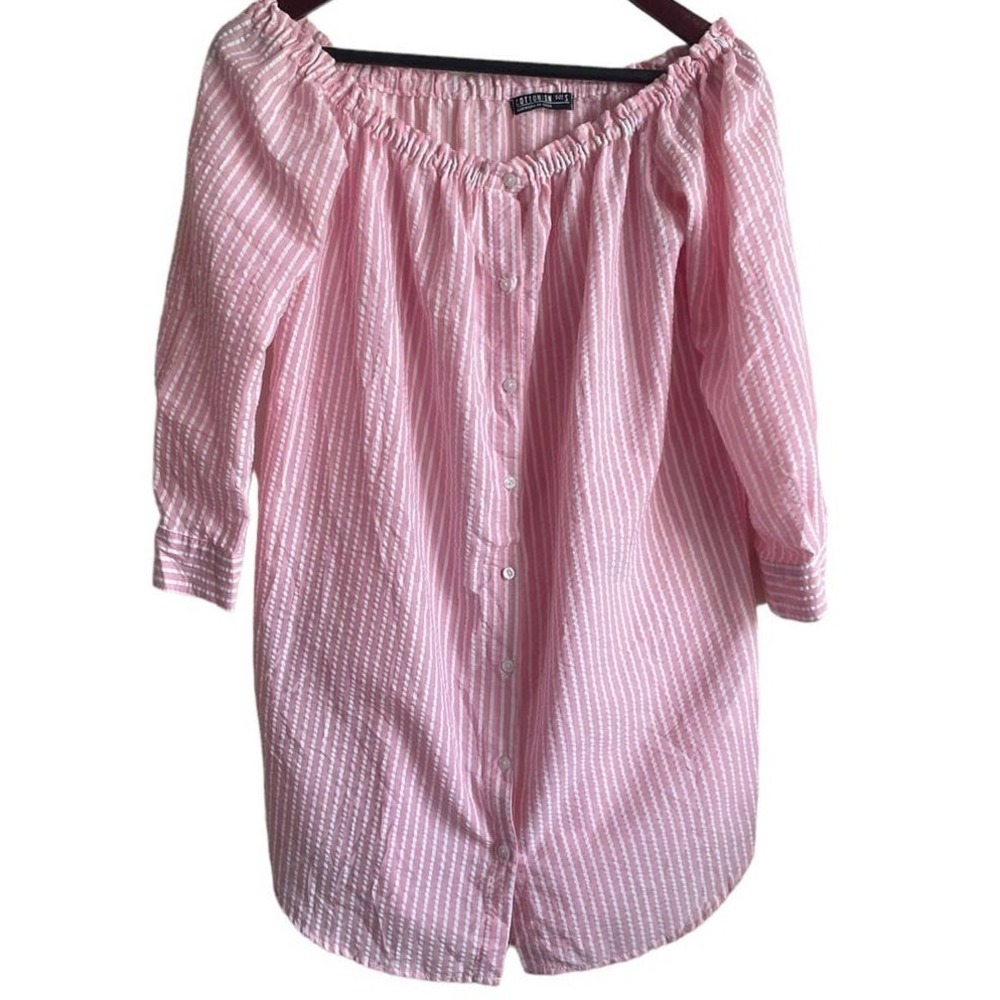Cotton On Women Tunic Top S Pink Stripe Button Front Off Shoulder Resort Beachy